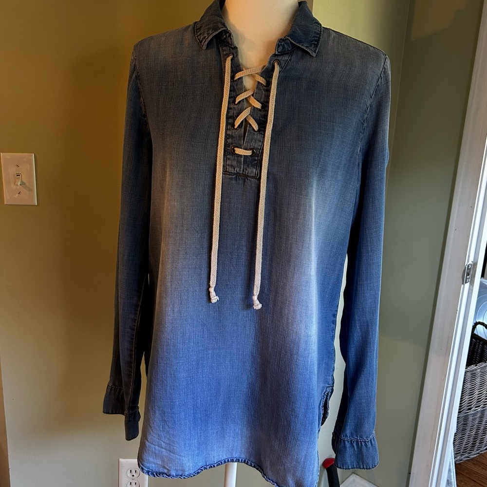 Cloth and Stone Chambray Tunic Boho tie up, long sleeve top Anthropologie, Med - Picture 11 of 11